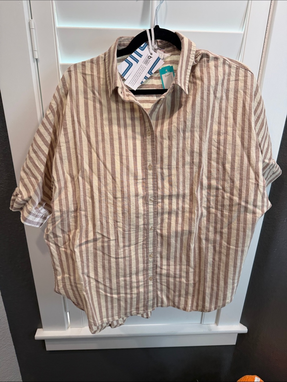 Women’s Casual Button-Up Shirt in Beige and Brown Stripes